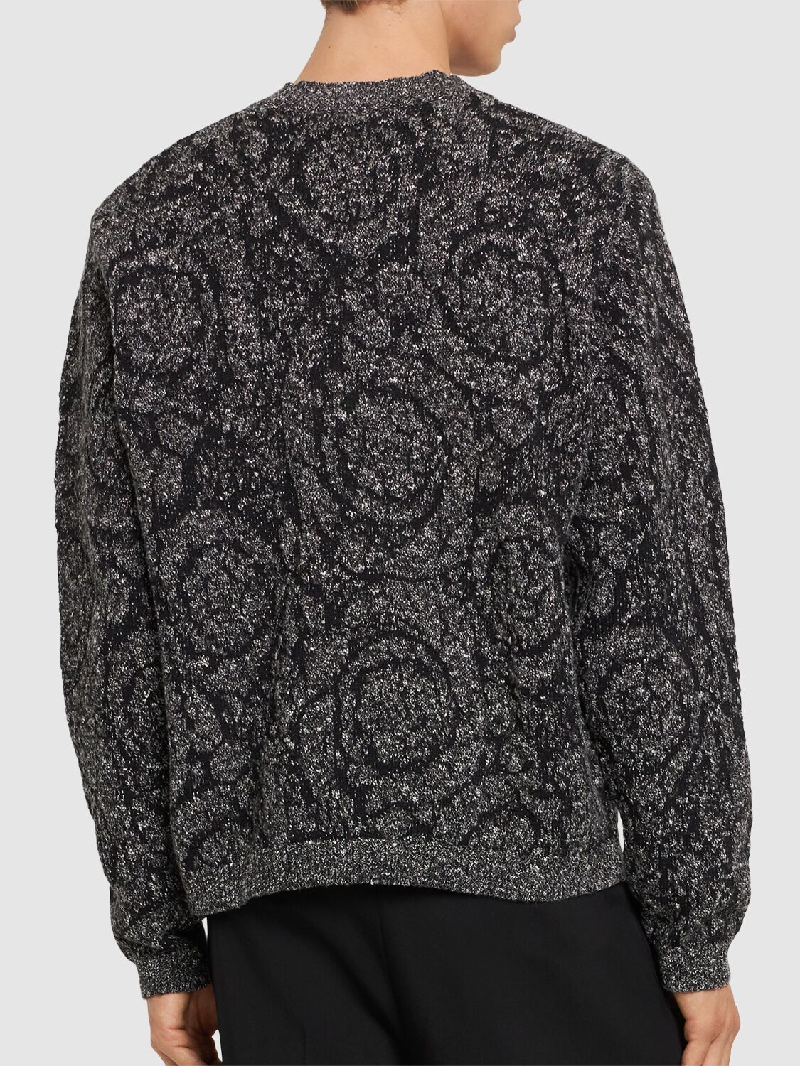 Shop Versace Baroque Tweed Cotton Blend Knit Sweater In Black