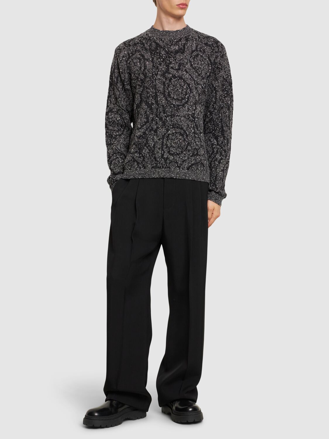 Shop Versace Baroque Tweed Cotton Blend Knit Sweater In Black