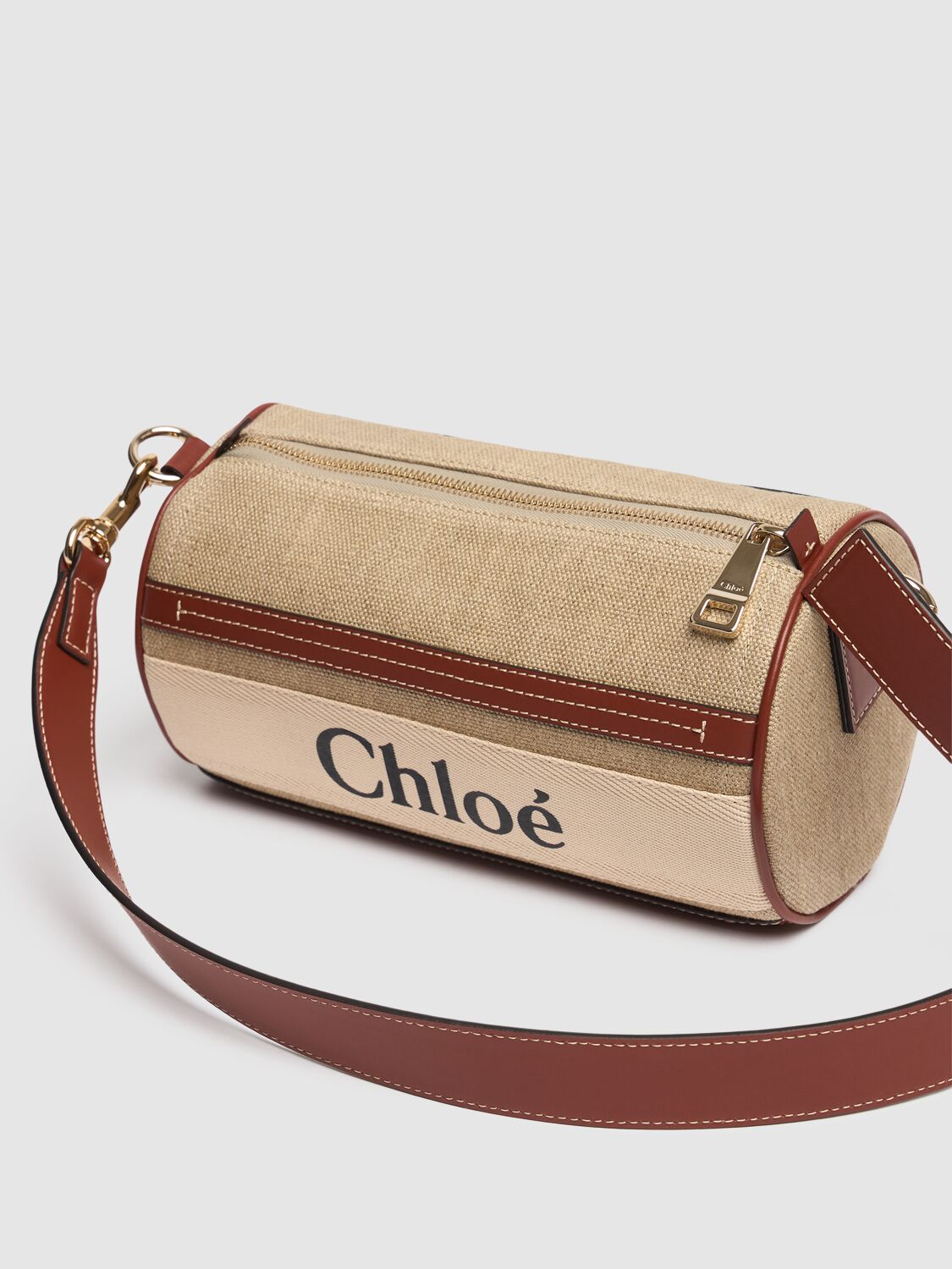 Shop Chloé Woody Linen & Leather Shoulder Bag In White - Brown 1