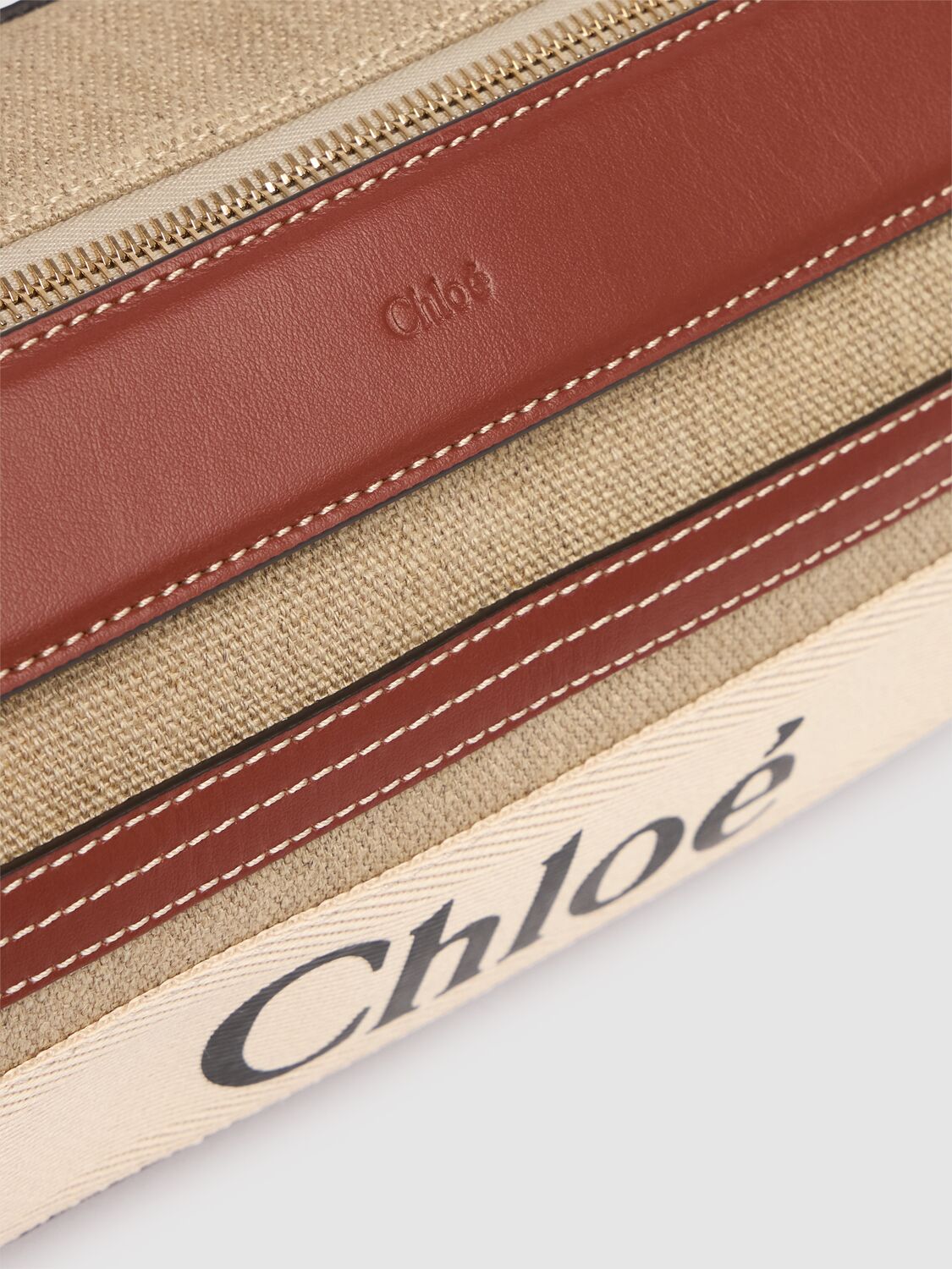 Shop Chloé Woody Linen & Leather Shoulder Bag In White - Brown 1