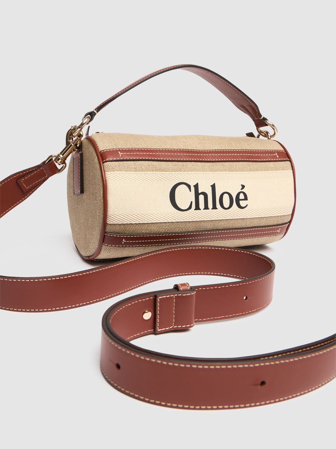 Shop Chloé Woody Linen & Leather Shoulder Bag In White - Brown 1