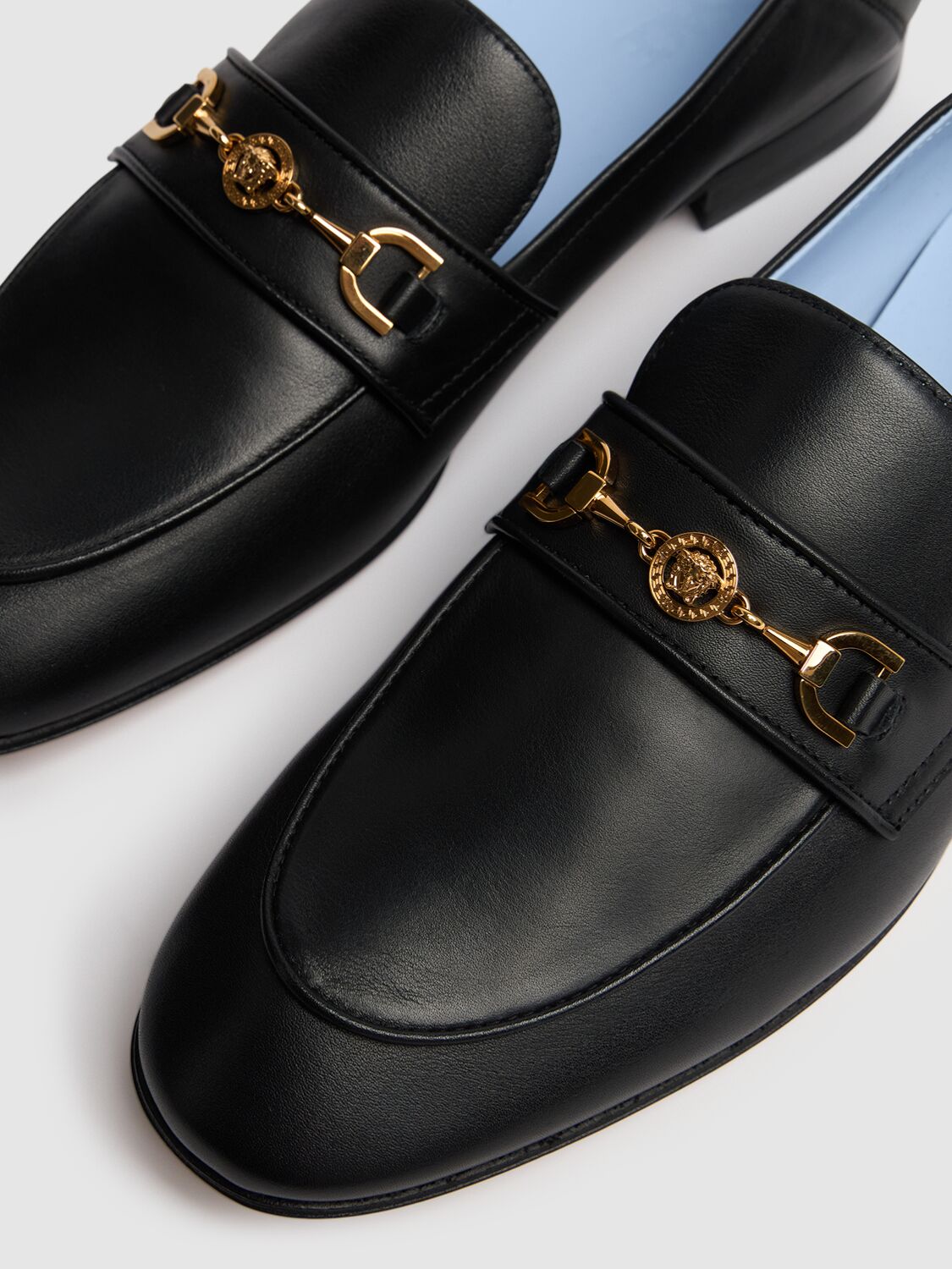Shop Versace Leather Logo Loafers In Black