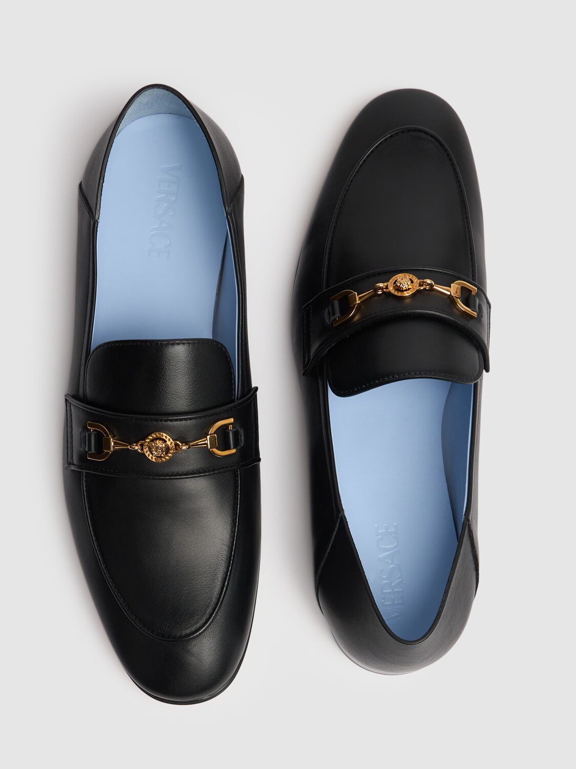 Shop Versace Leather Logo Loafers In Black