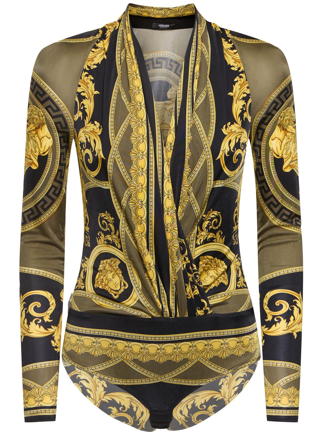 Versace Baroque Print Jersey Bodysuit In 黑色/金色