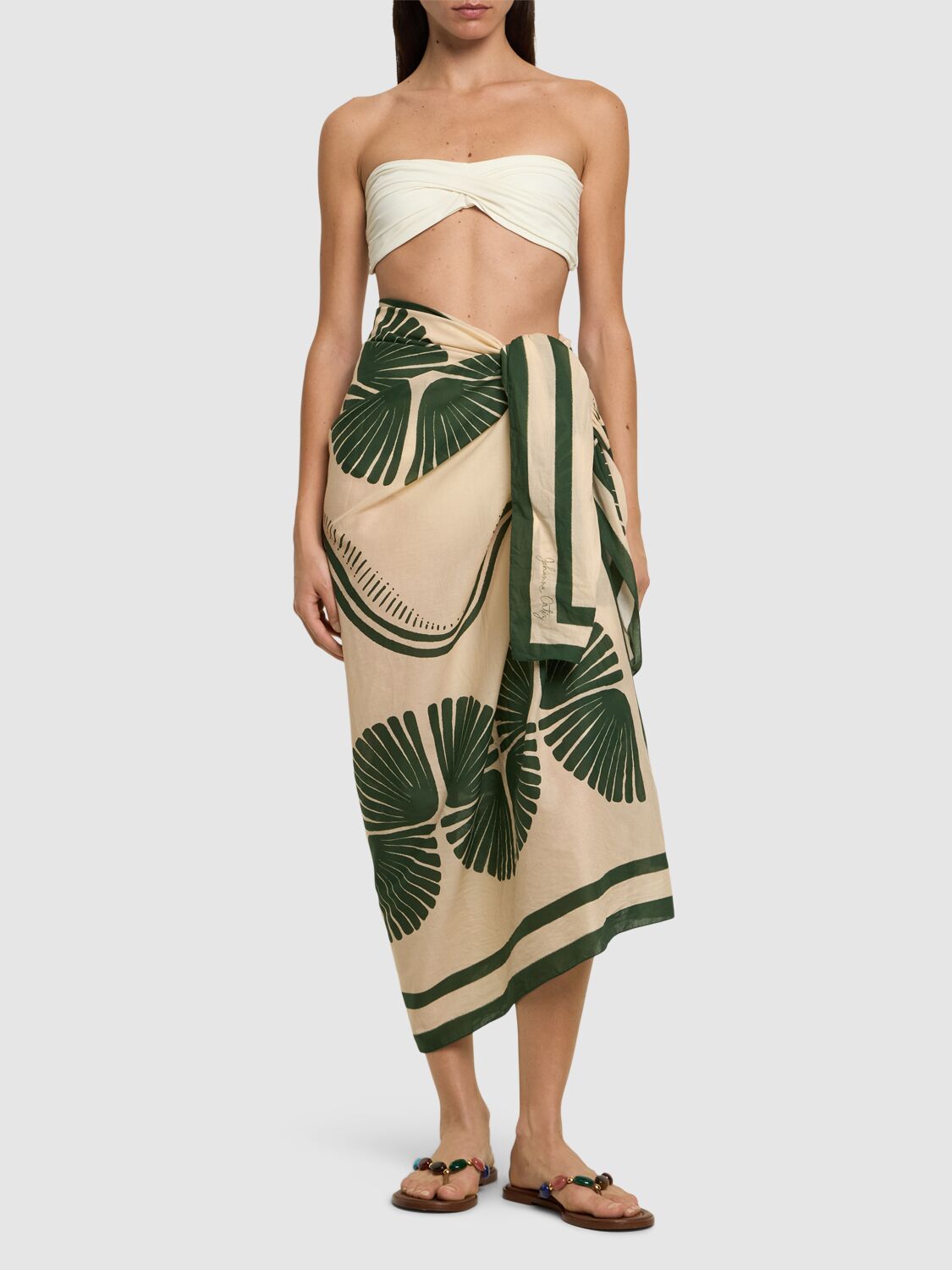 Shop Johanna Ortiz Kené Printed Cotton Sarong In Beige/green