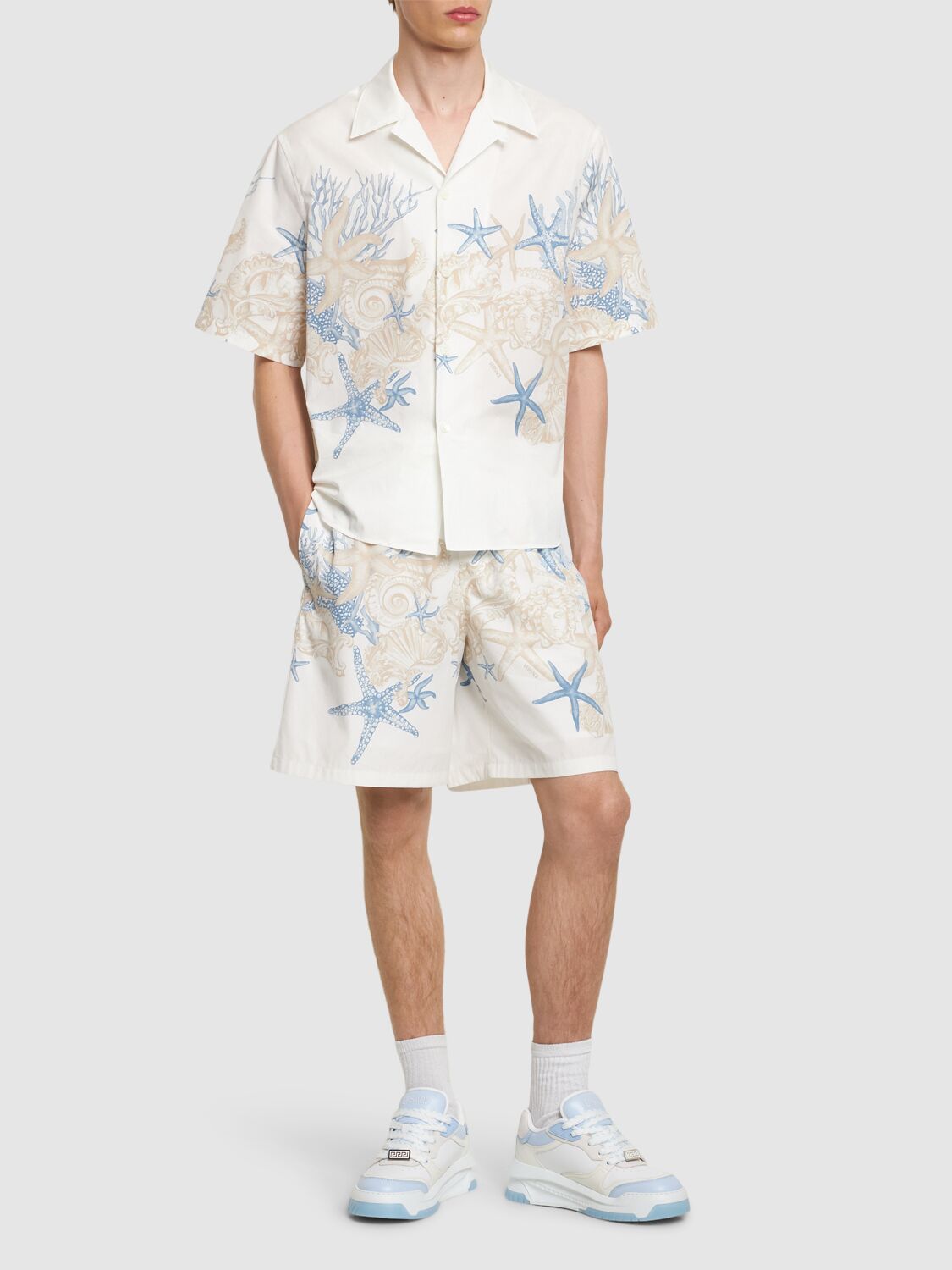 Shop Versace Coral Print Cotton Short Sleeve Shirt In White