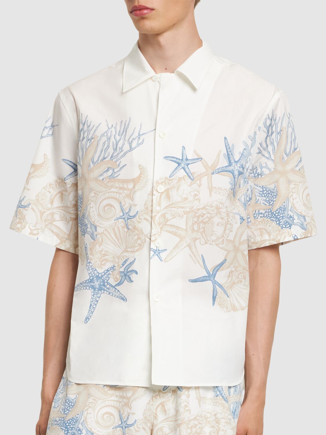 Shop Versace Coral Print Cotton Short Sleeve Shirt In White