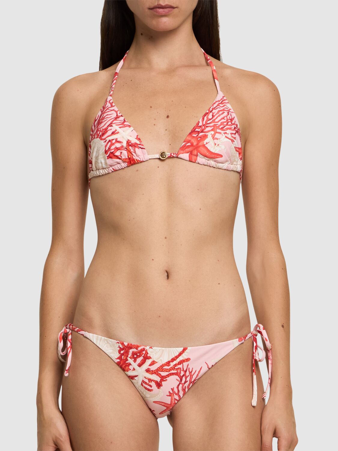 Shop Versace Printed Coral Lycra Bikini Bottoms In 粉色/多色