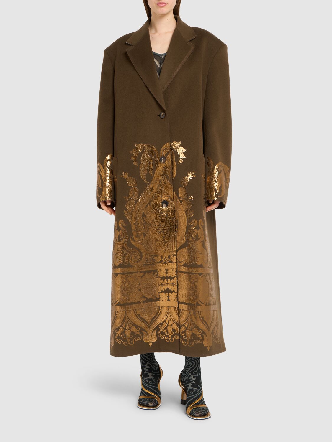 Shop Etro Wool & Cashmere Printed Long Coat In Brown/gold