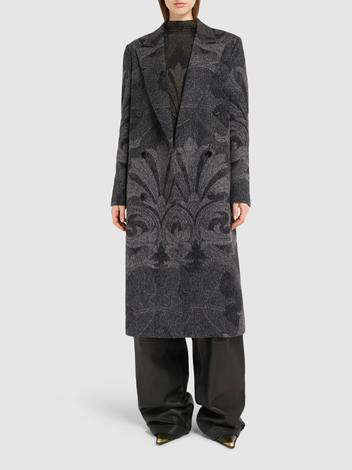 Shop Etro Double Breasted Wool Long Coat In Grey