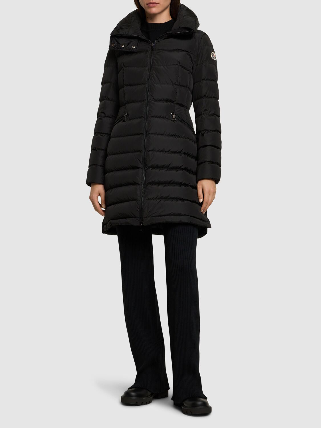 Moncler Barbel Long Nylon Down Jacket In Black
