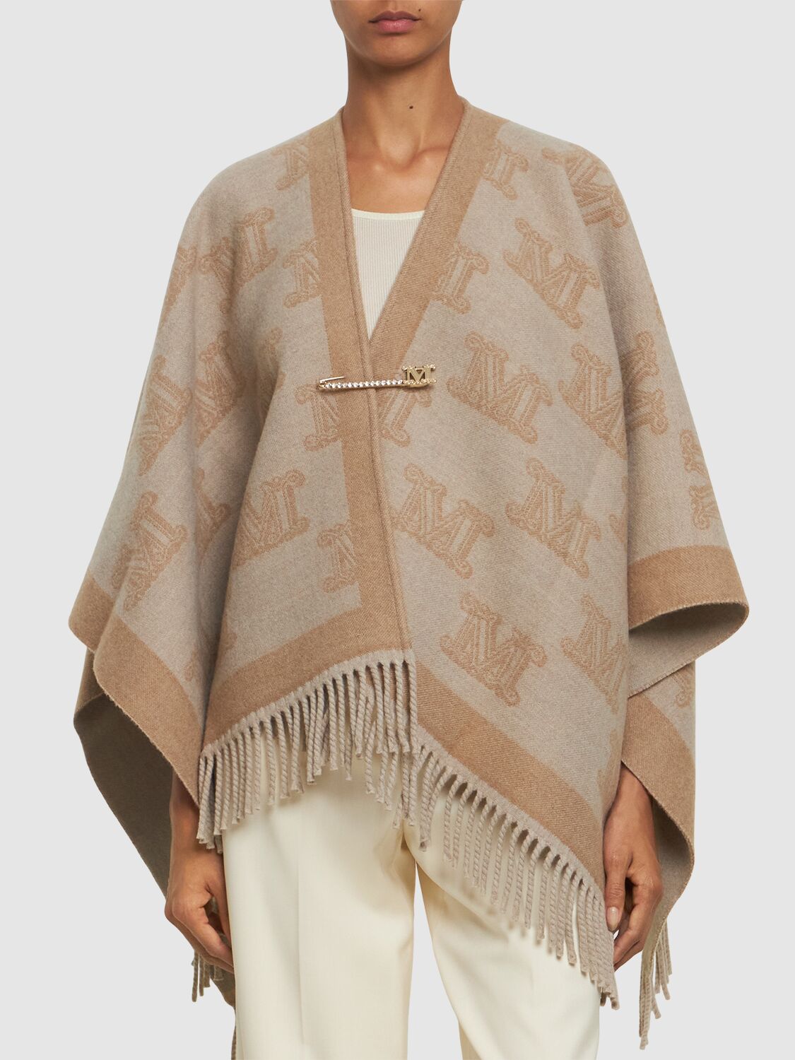 Shop Max Mara Frine Logo Jacquard Wool Cape In Sabbia