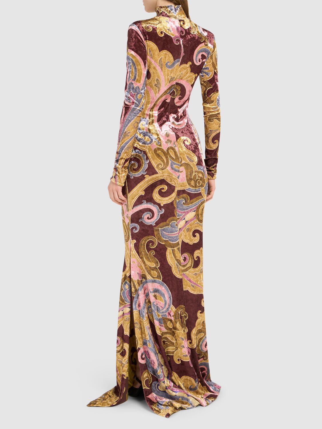 Shop Etro Printed Velvet Long Dress In Yellow/multi