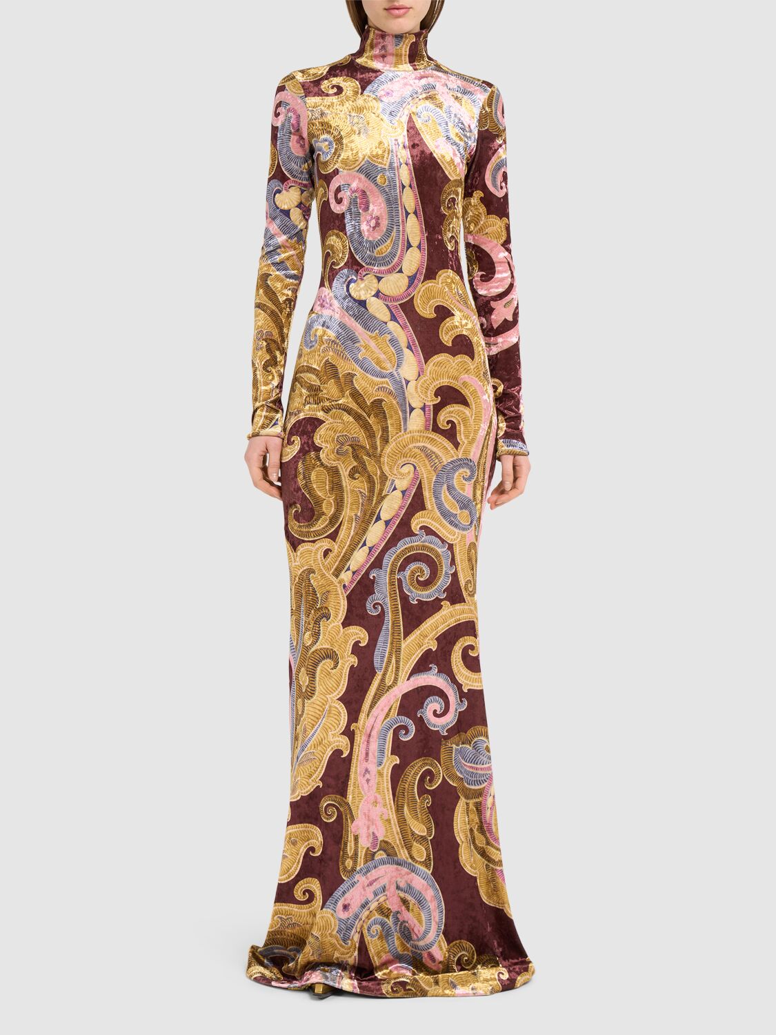 Shop Etro Printed Velvet Long Dress In Yellow/multi