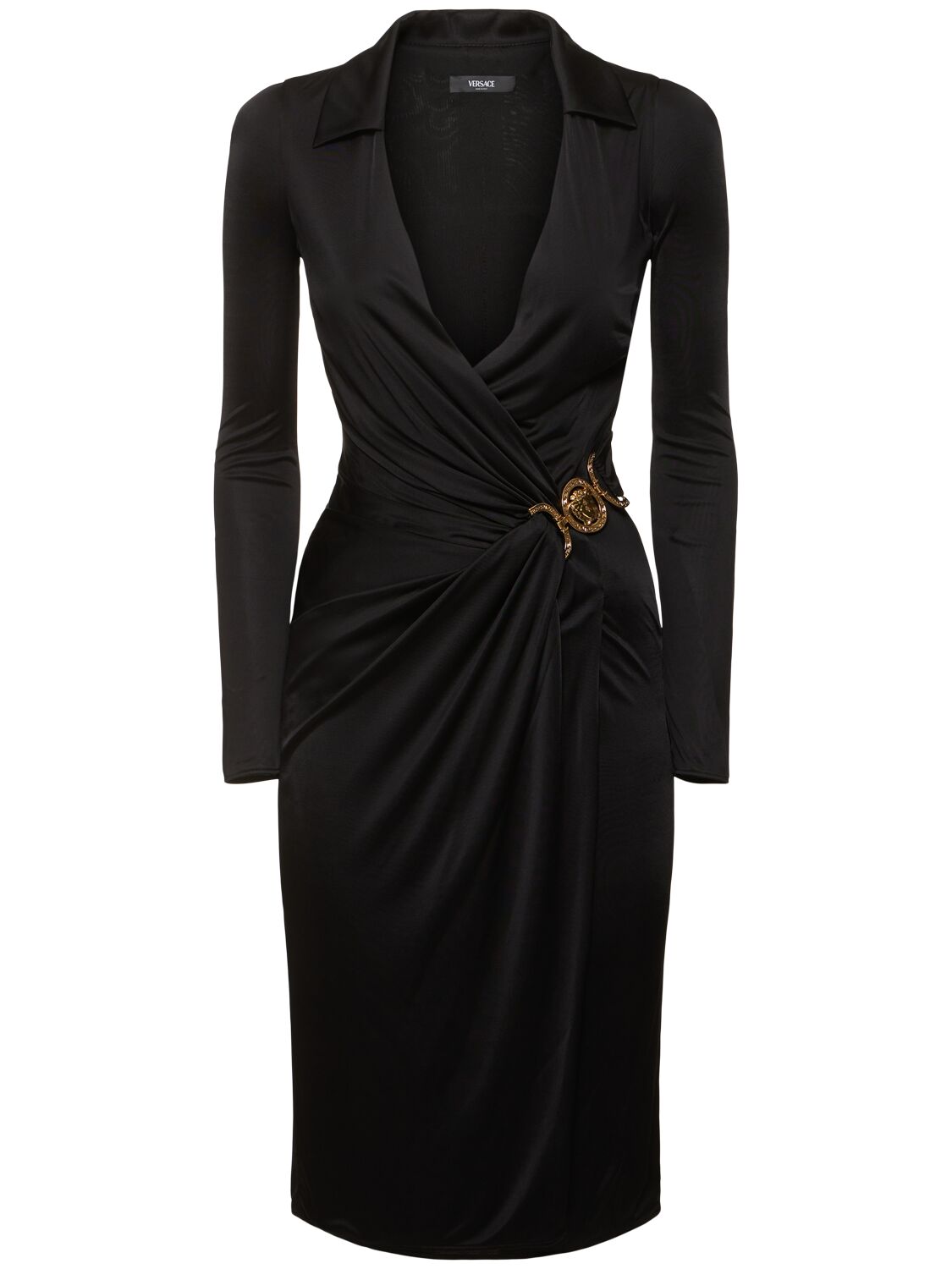 Versace Stretch Crepe Jersey Wrap Midi Dress In 黑色