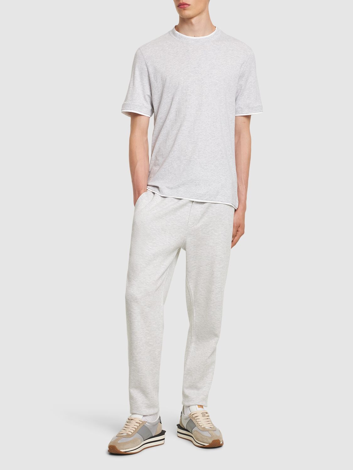 Shop Brunello Cucinelli Layered Cotton Jersey Solid T-shirt In Light Grey