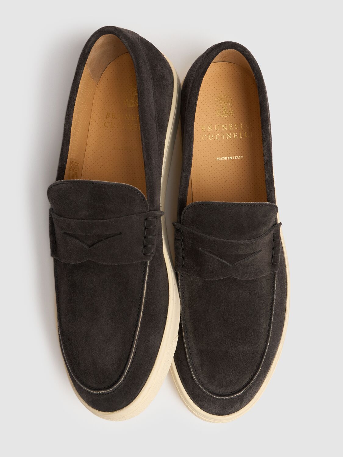 Shop Brunello Cucinelli Suede Penny Loafers In Lavagna