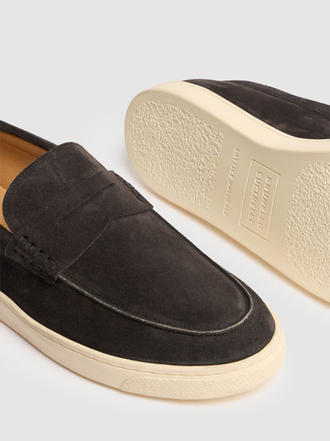 Shop Brunello Cucinelli Suede Penny Loafers In Lavagna