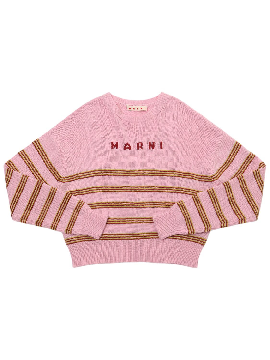 Marni Junior Striped Wool Blend Sweater W/logo In Pink/multi