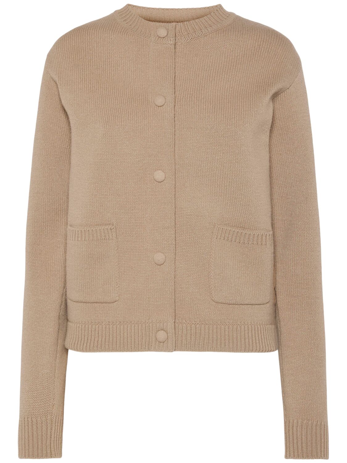 Moncler Tricot Wool Blend Cardigan In Brown