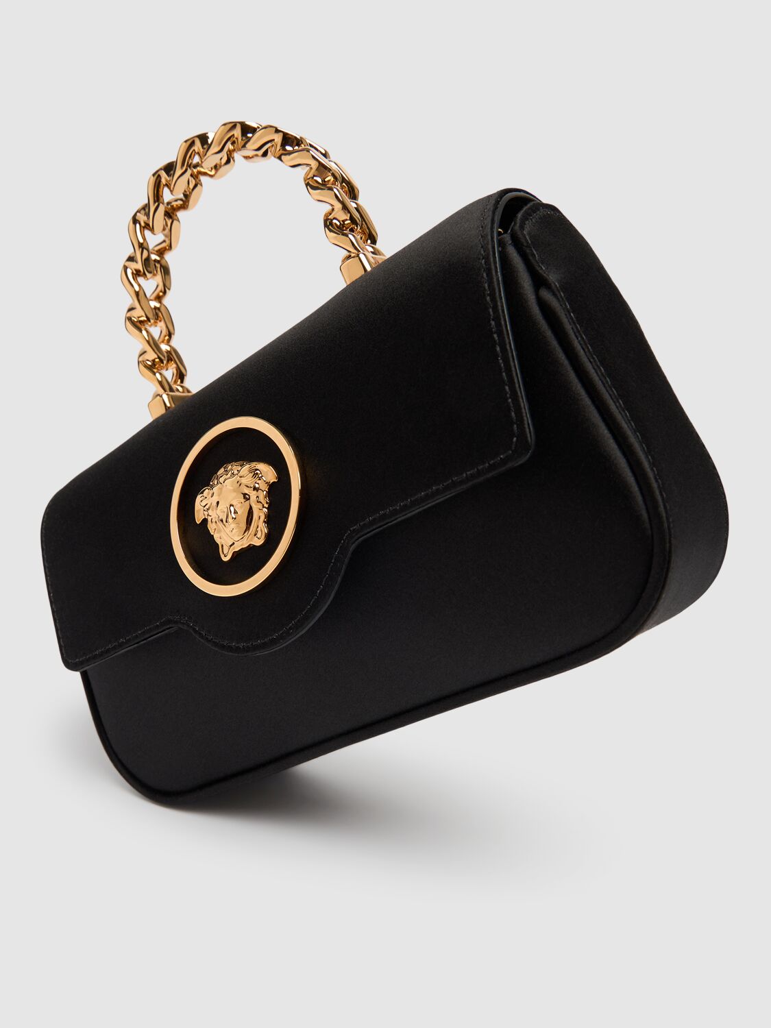 Shop Versace Mini La Medusa Satin Top Handle Bag In Black-ver