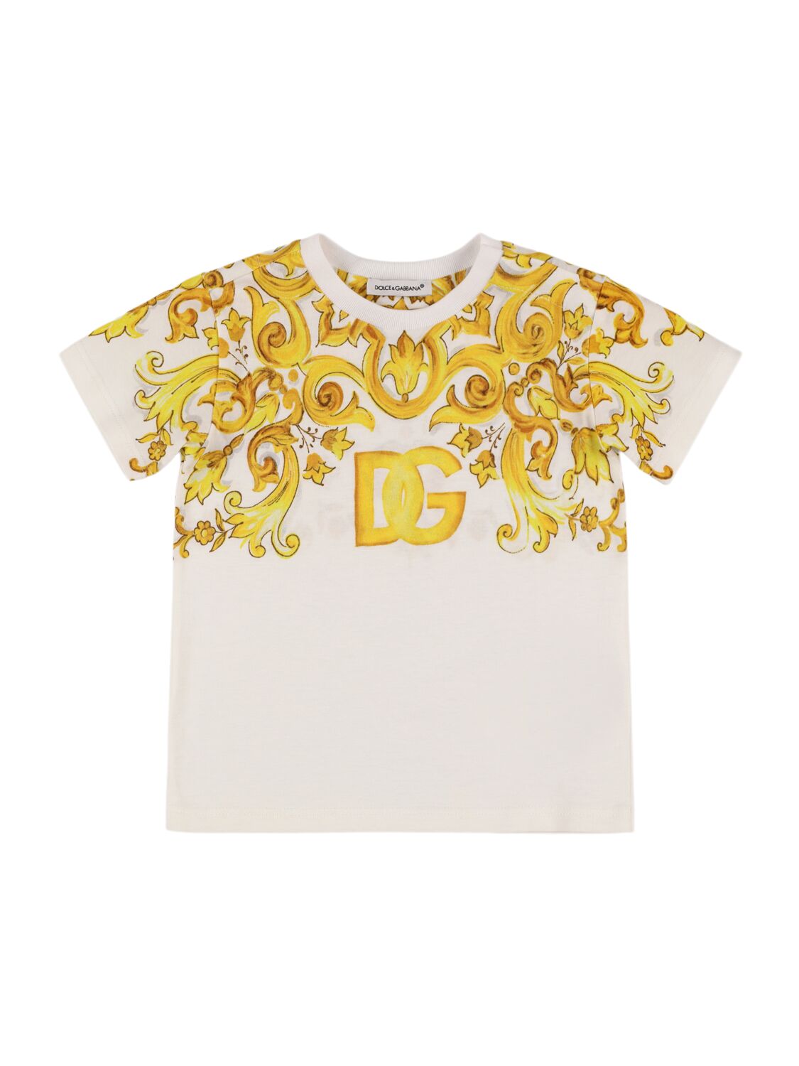 Dolce & Gabbana Maiolica Print Cotton Jersey T-shirt In White/yellow