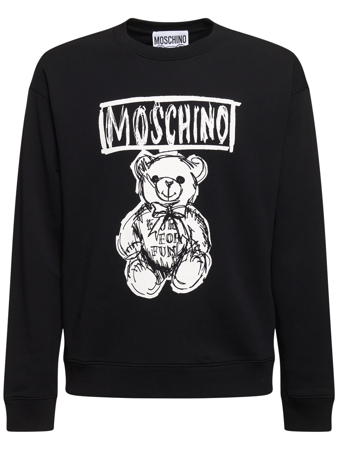 Moschino Teddy Print Cotton Crewneck Sweatshirt In Black,white