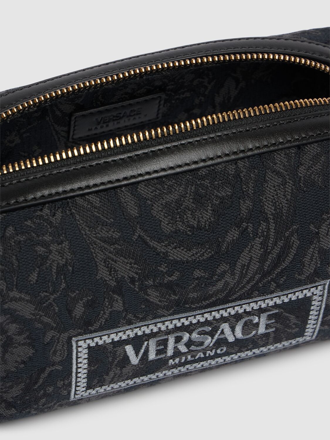 Shop Versace Barocco Embroidery Jacquard Beauty Pouch In Black