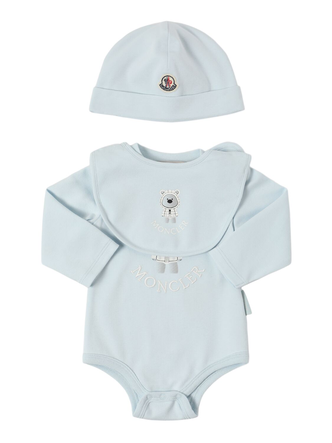 Moncler Teddy Bear Cotton Romper, Hat & Bib In Light Blue