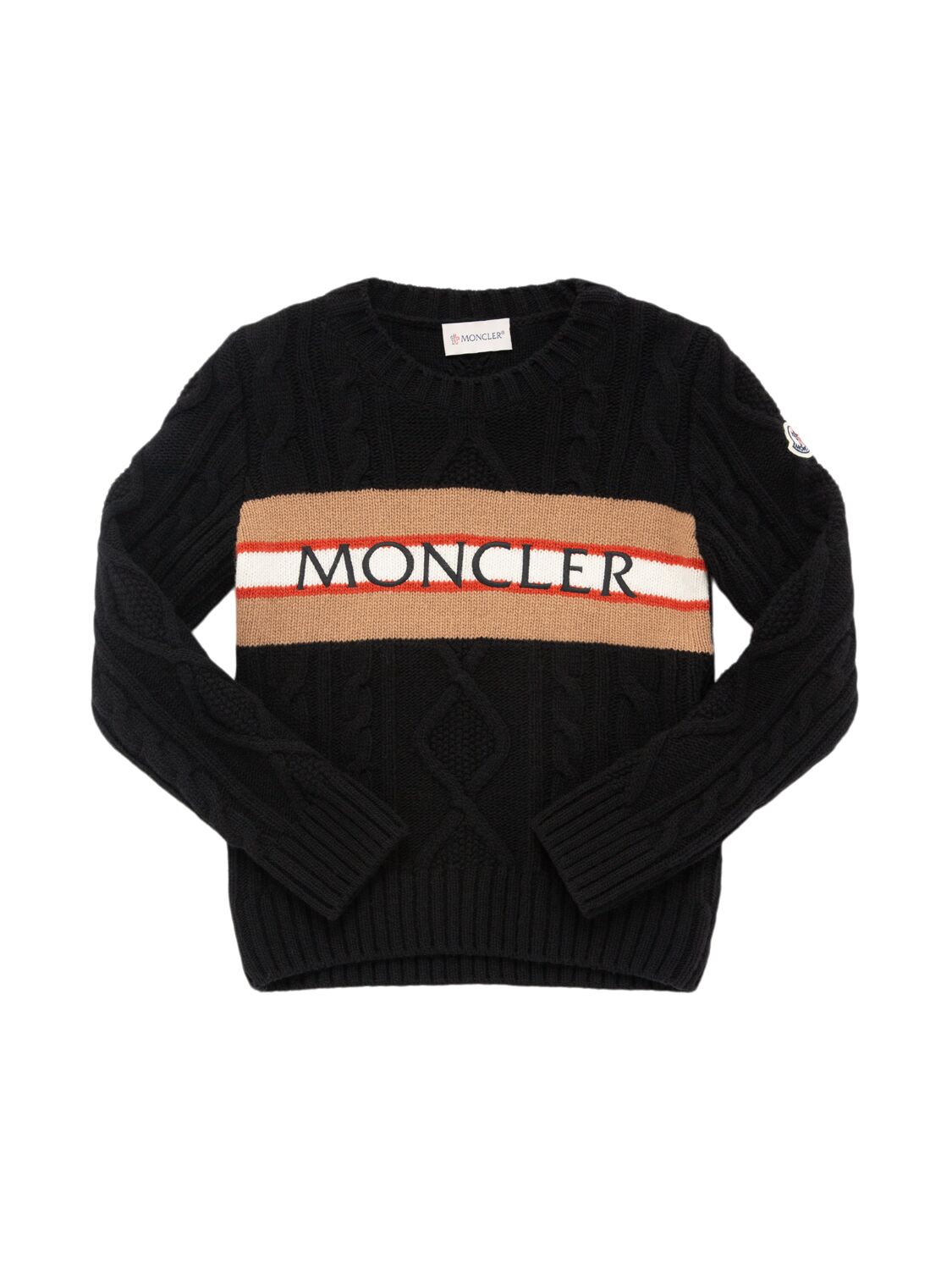 Moncler Logo Carded Virgin Wool Knit Sweater In Black