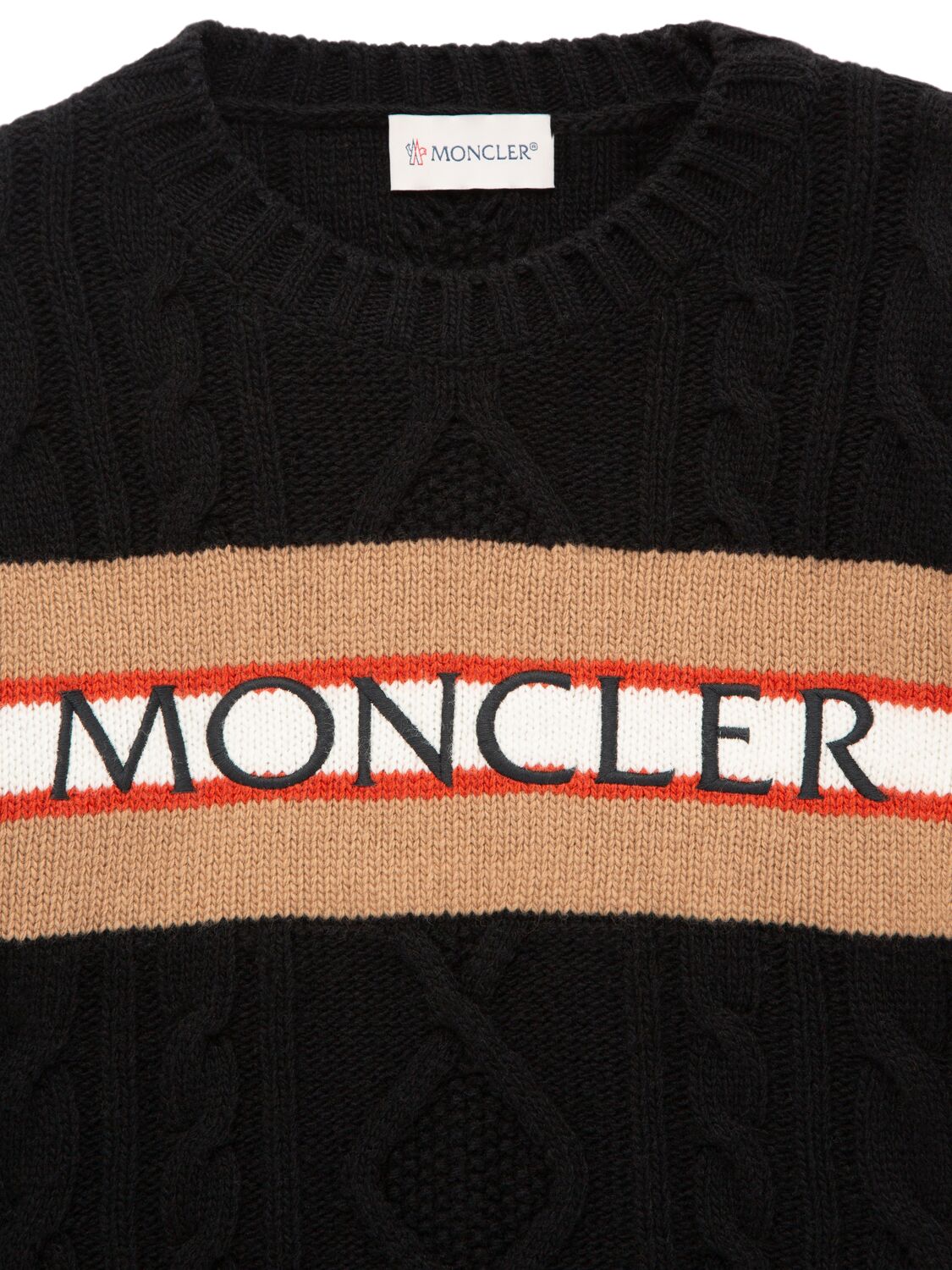 Shop Moncler Logo Carded Virgin Wool Knit Sweater In Black