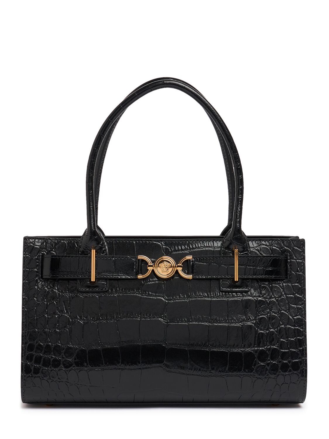 Versace Medium Croc Embossed Leather Tote Bag In Black-ver