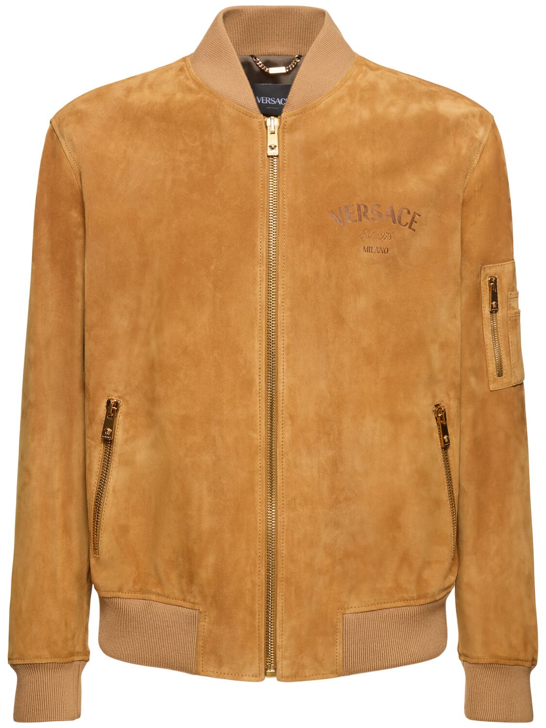 Versace Suede Leather Jacket In Tan