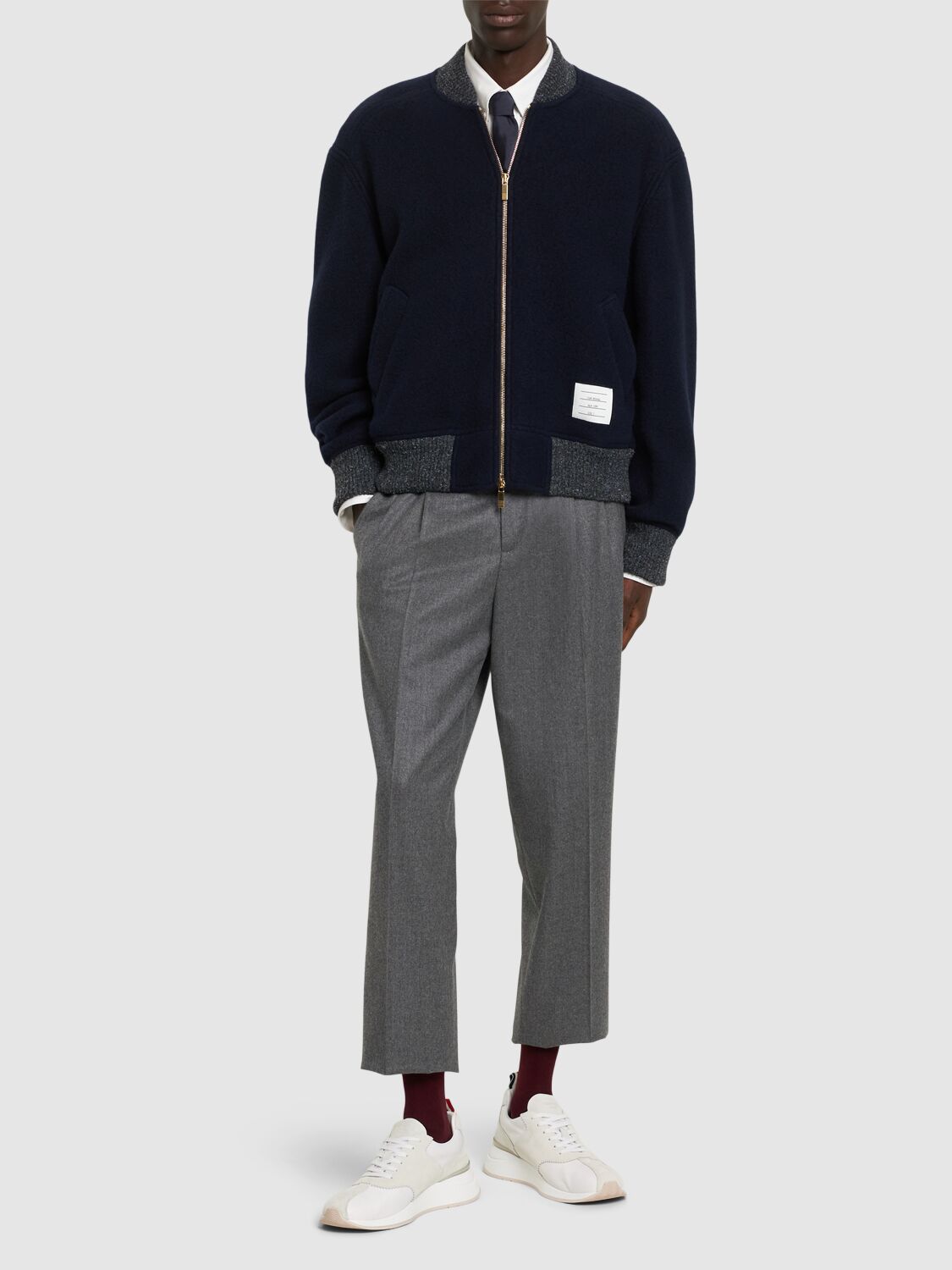 Shop Thom Browne Striped Wool Bomber Jacket In Navy