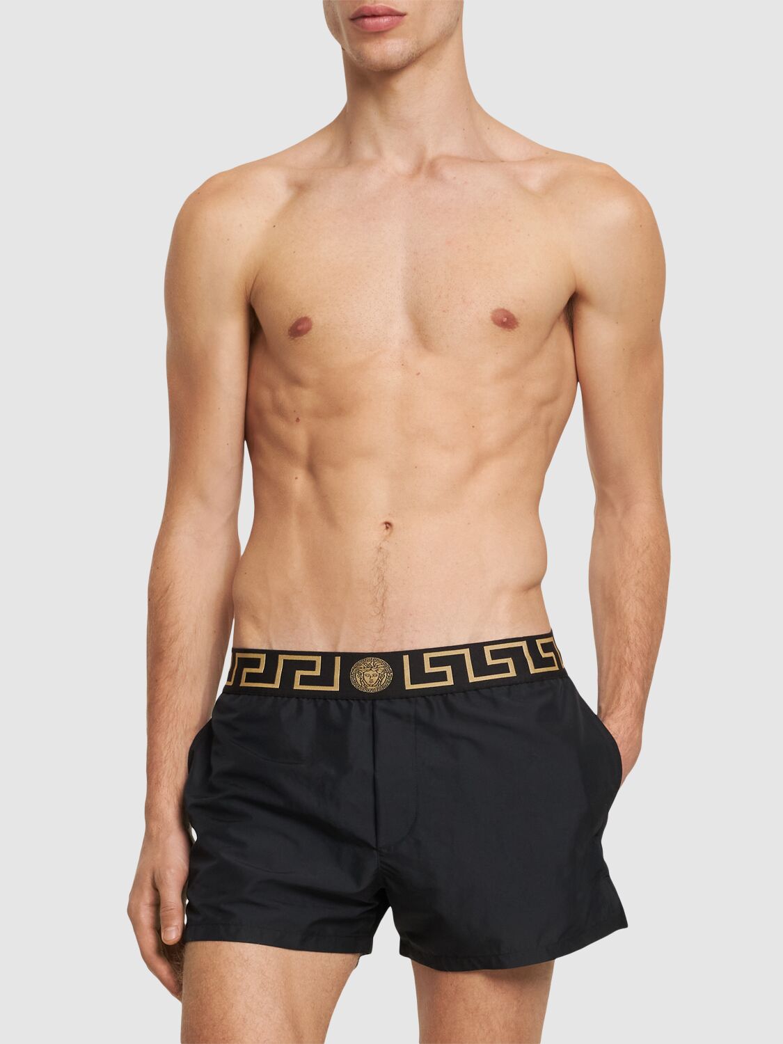 Shop Versace Poly Swim Shorts In A80g-black Gold