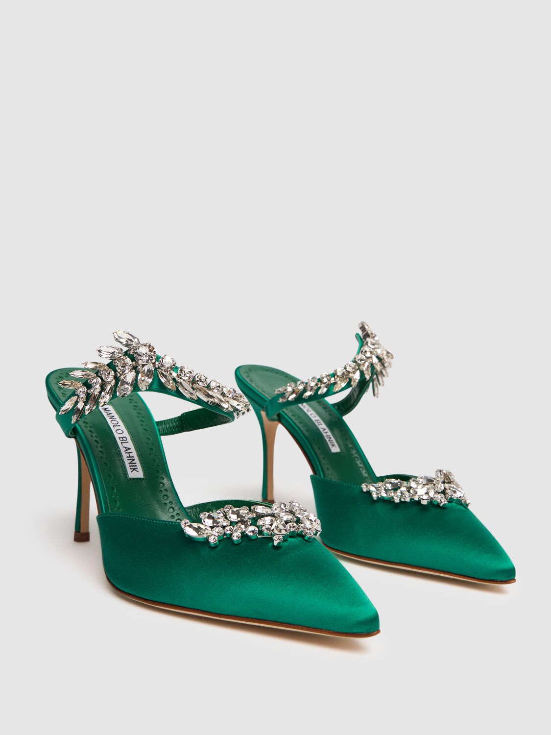 Shop Manolo Blahnik 90mm Lurum Satin Mules In Green