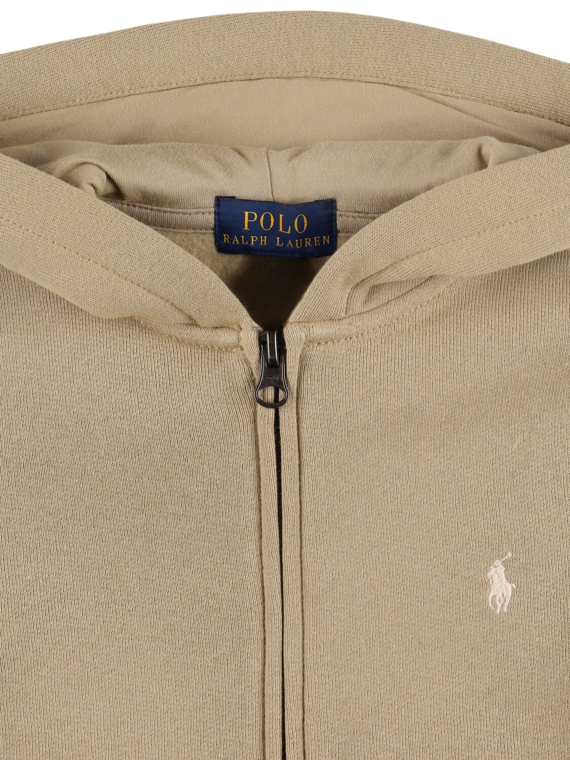 Shop Polo Ralph Lauren Logo Zip-up Cotton Blend Sweatshirt In Khaki