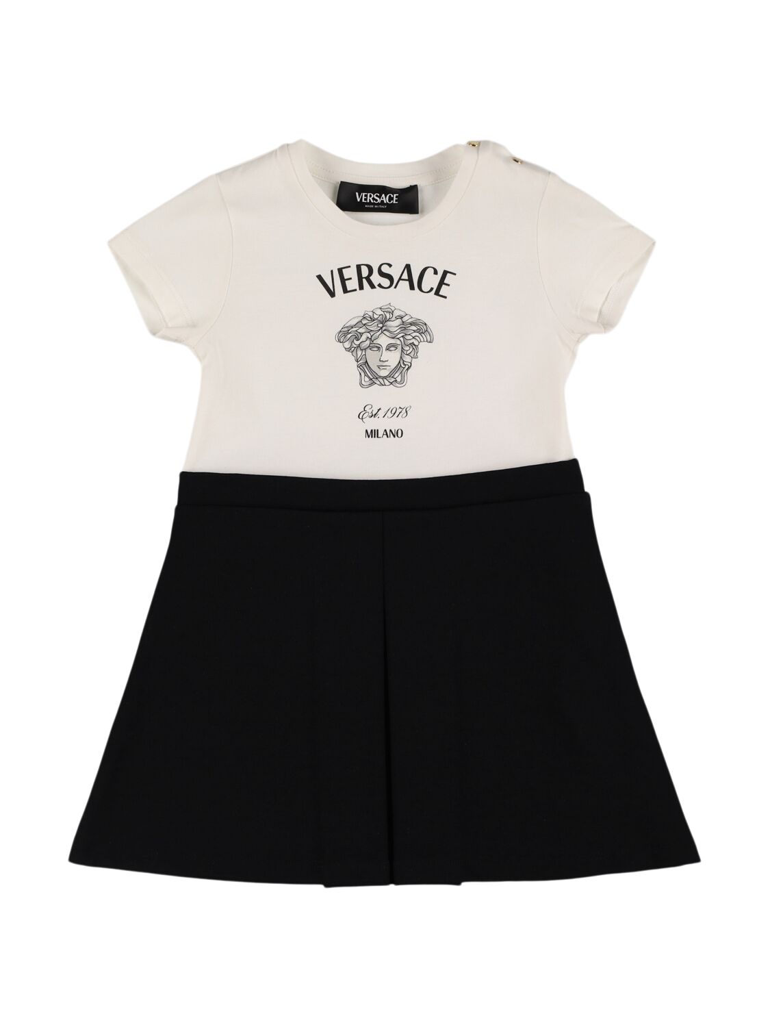 Versace Printed Logo Cotton Jersey Dress In White/black