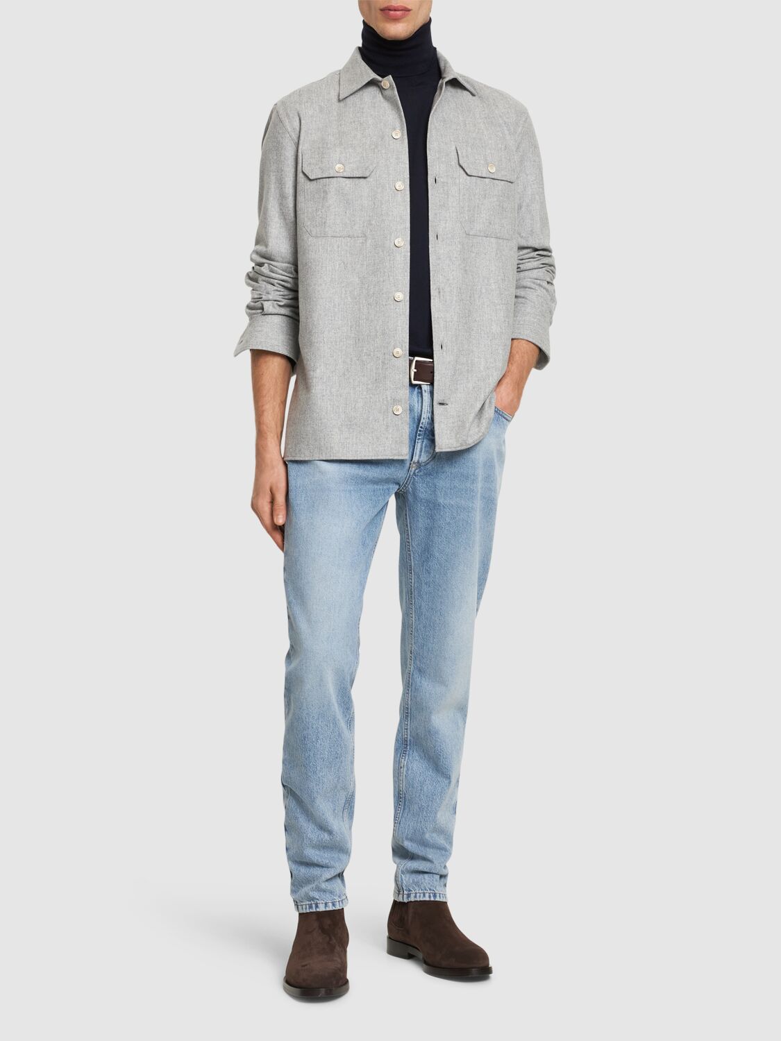 Shop Brunello Cucinelli Wool Flannel Overshirt In Perla