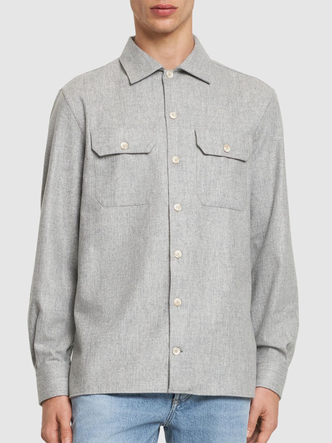 Shop Brunello Cucinelli Wool Flannel Overshirt In Perla