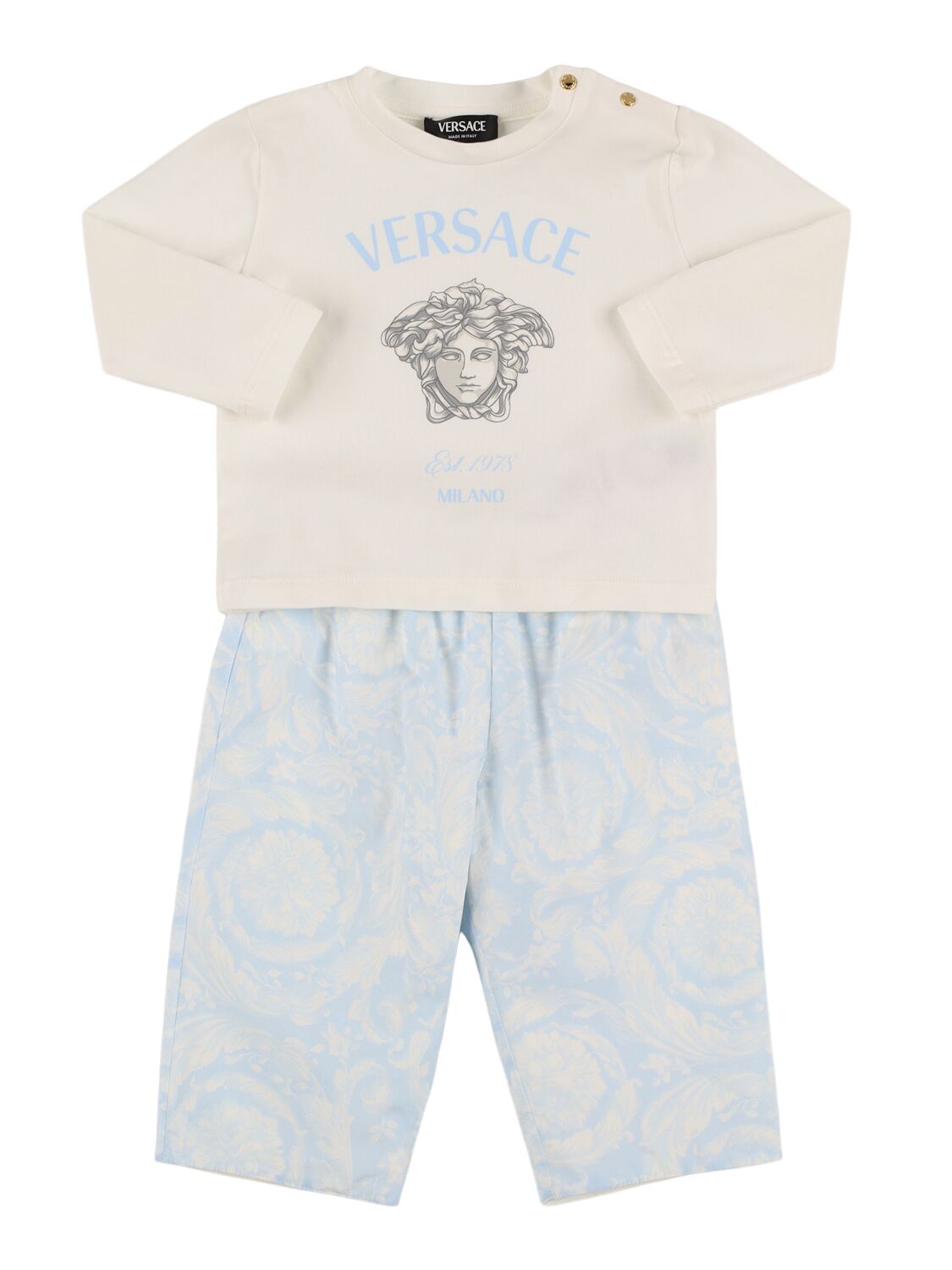 Shop Versace Printed Cotton Jersey T-shirt & Pants In White/light Blue