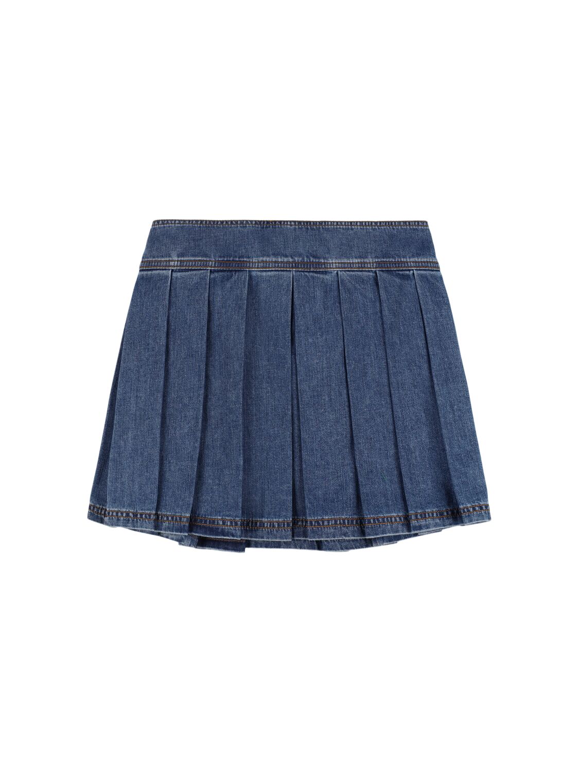 Shop Versace Pleated Cotton Denim Skirt In Blue