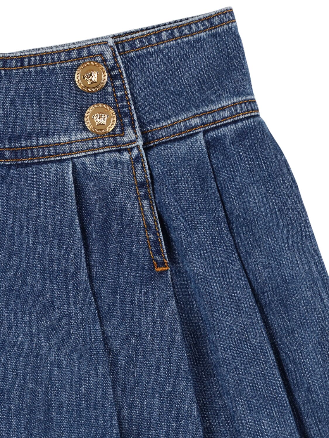 Shop Versace Pleated Cotton Denim Skirt In Blue