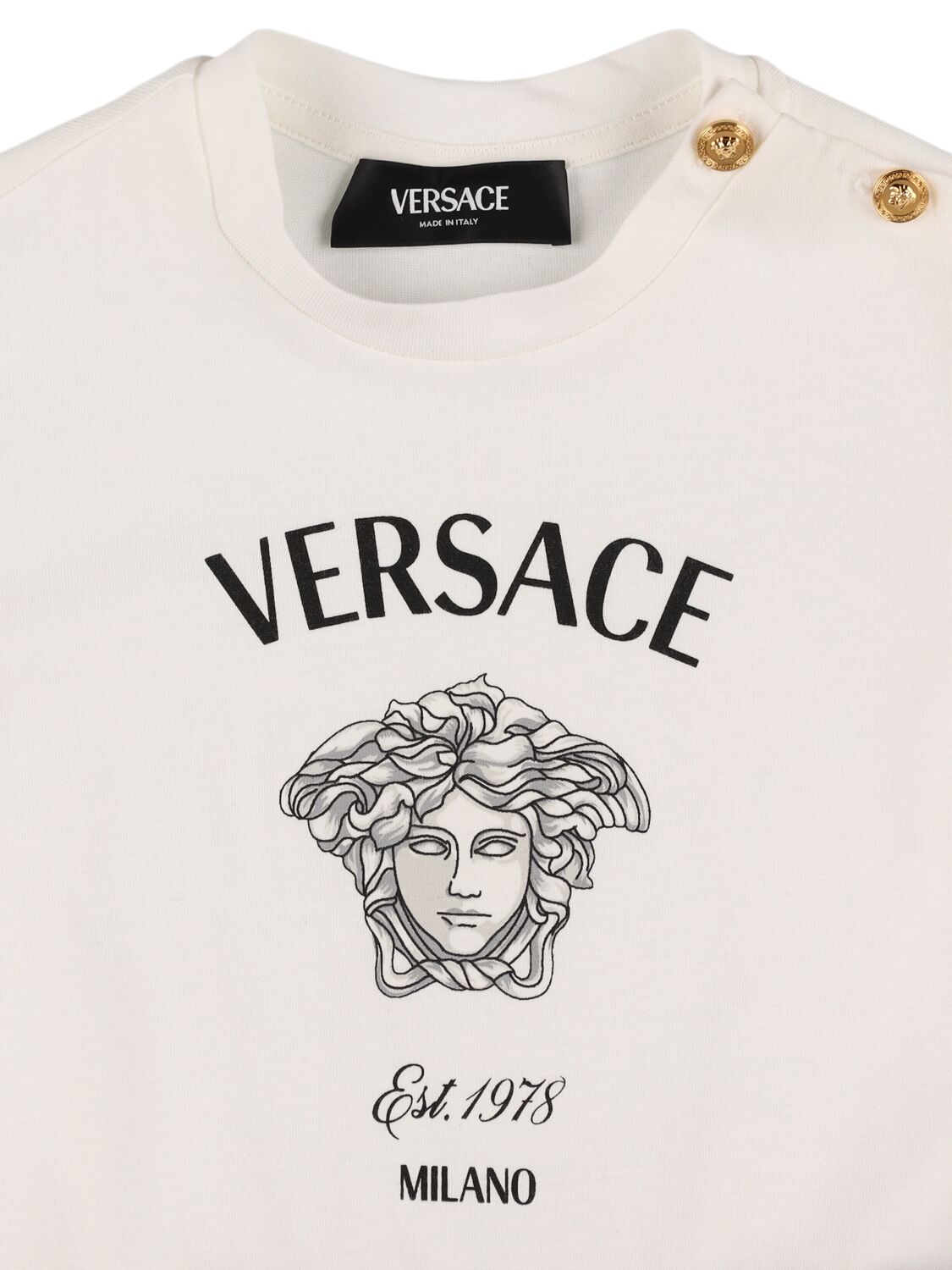 Shop Versace Printed Cotton Jersey Dress In White/black