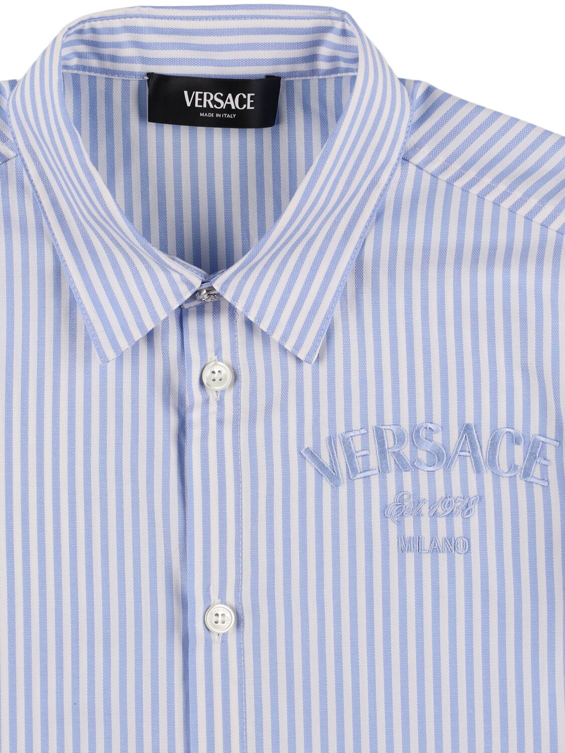 Shop Versace Embroidered Logo Cotton Poplin Shirt In White/light Blue