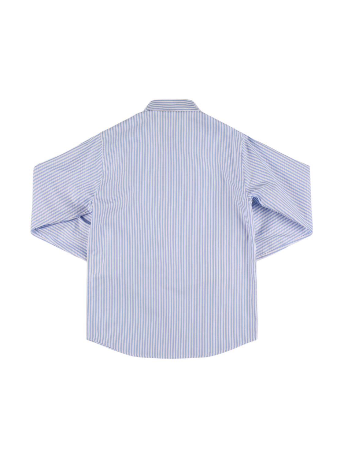 Shop Versace Embroidered Logo Cotton Poplin Shirt In White/light Blue