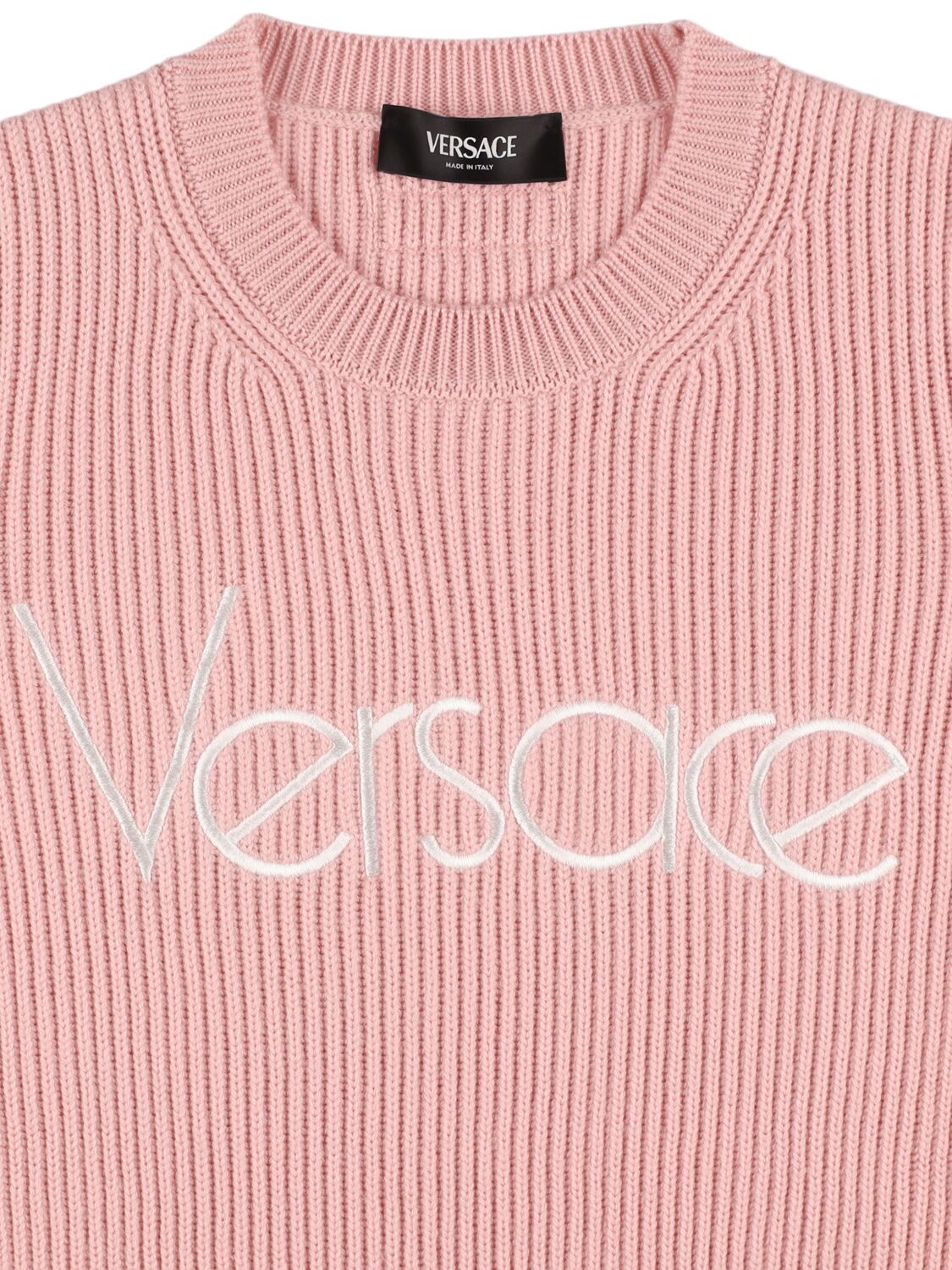 Shop Versace Embroidered Wool Crewneck Sweater In Pink