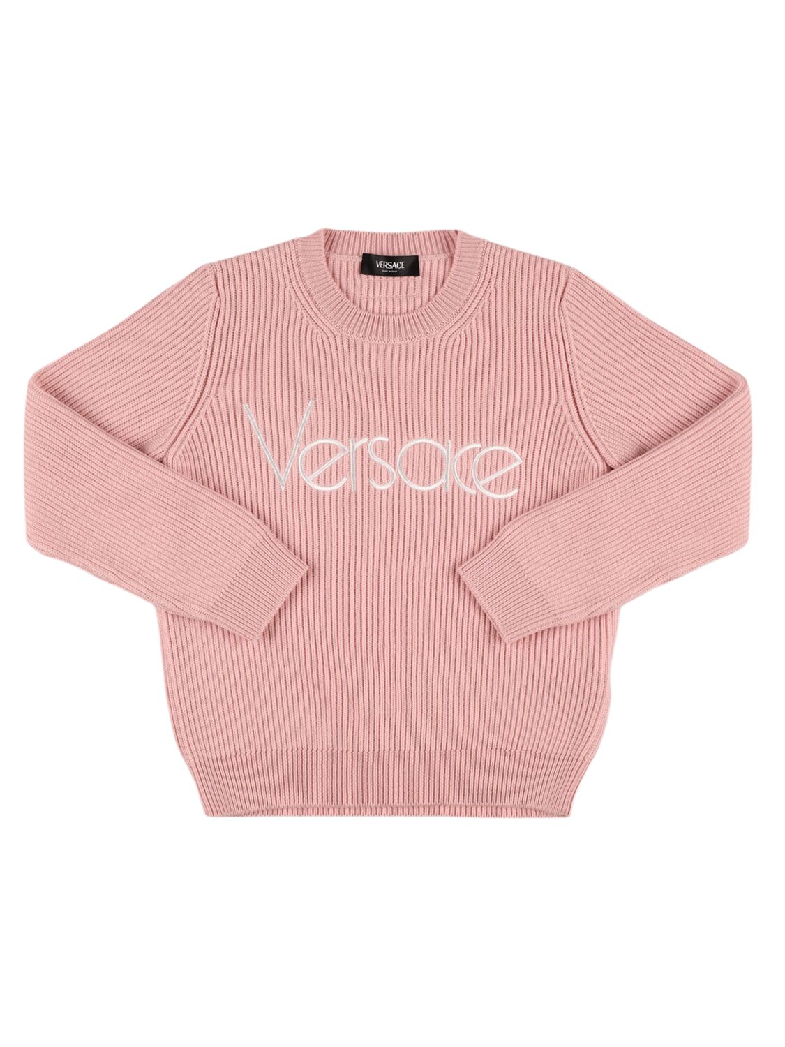 Versace Embroidered Wool Crewneck Sweater In Pink