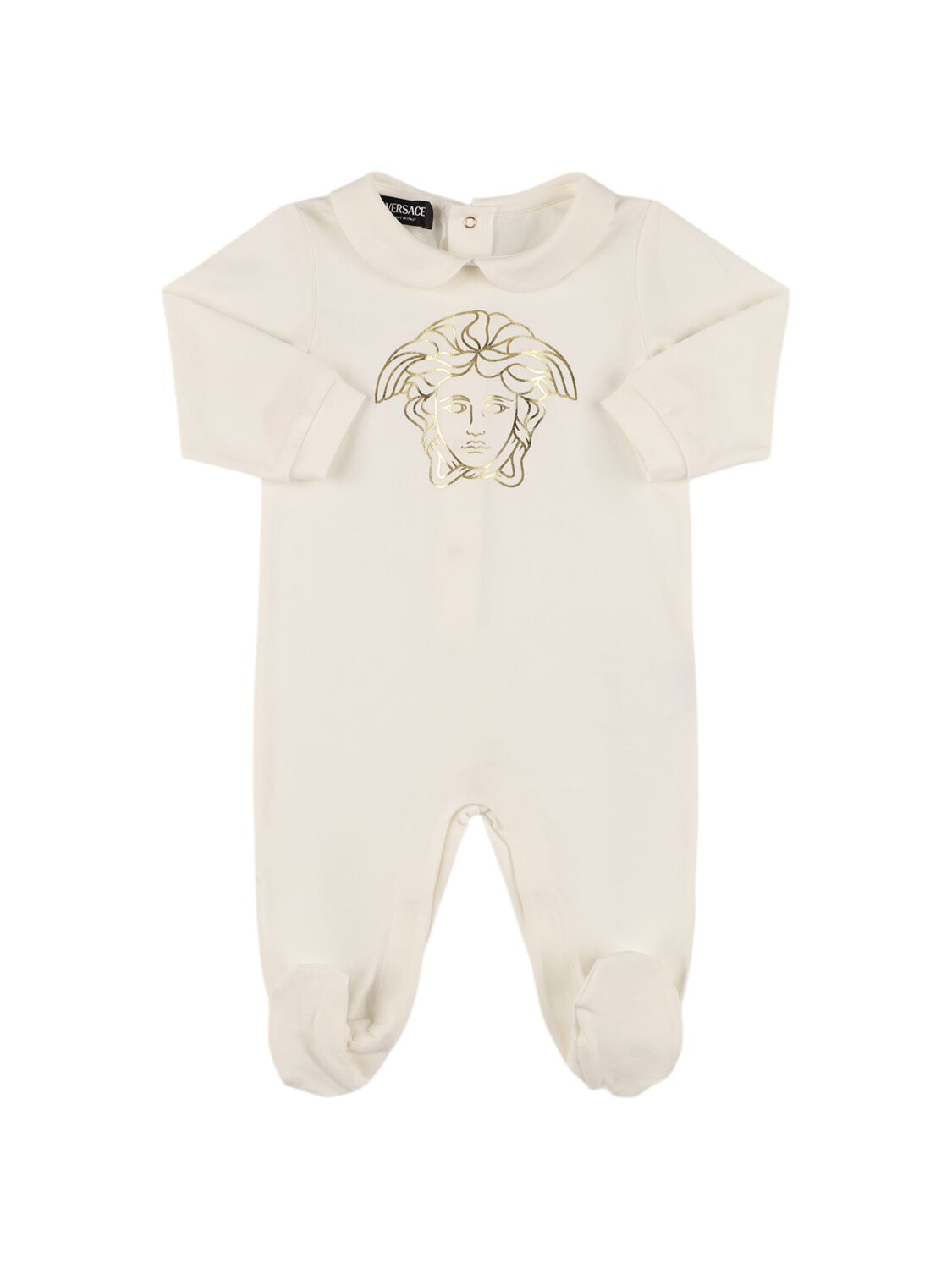 Versace Printed Cotton Jersey Romper In White/gold
