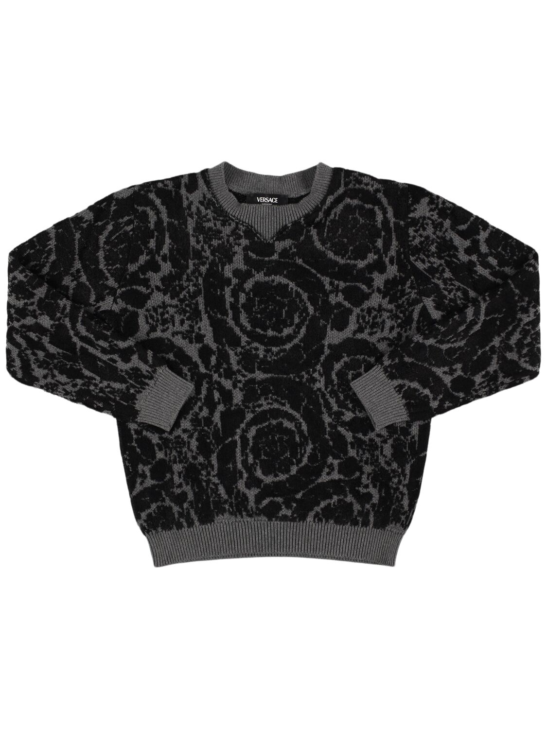 Versace Embroidered Cotton Blend Knit Jumper In Black/grey